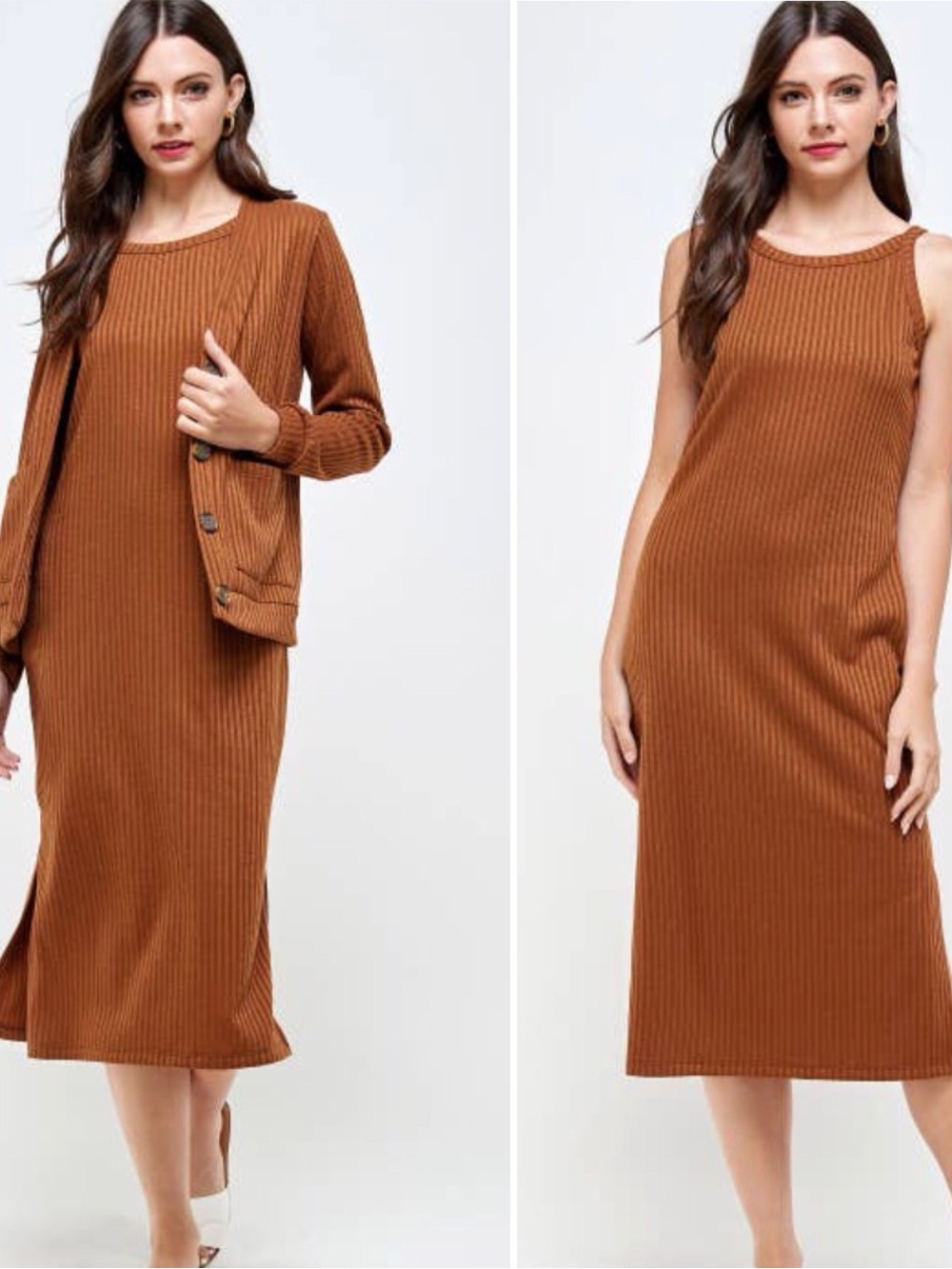 Women’s Ribbed Dress and Cardigan Set in Burnt Orange